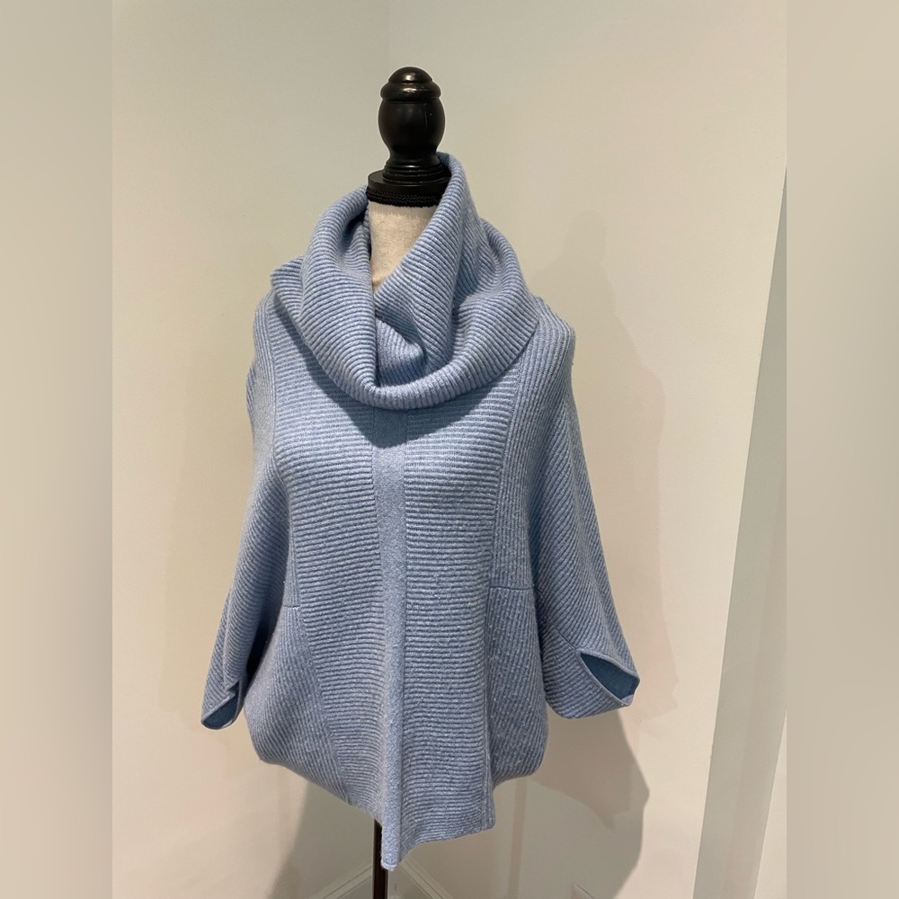 100% Cashmere Cowl Neck Ribbed Knit Poncho Sweater - Light Blue